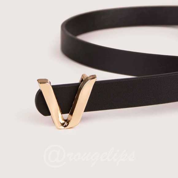 Black Skinny Belt Gold Tone V buckle - Picture 3 of 5